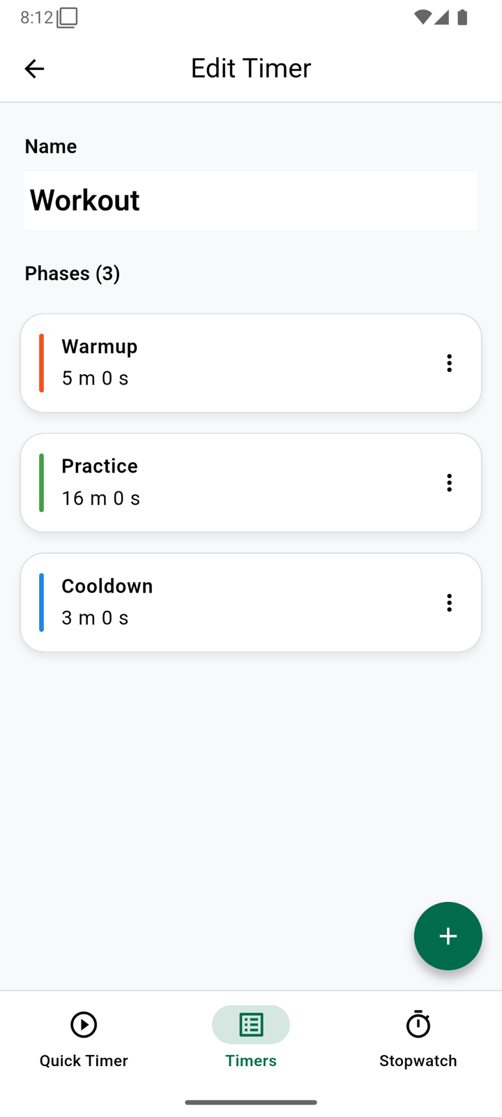 The timer editor showing a Workout preset with Warmup 5 m, Practice 16 m and Cooldown 3 m phases