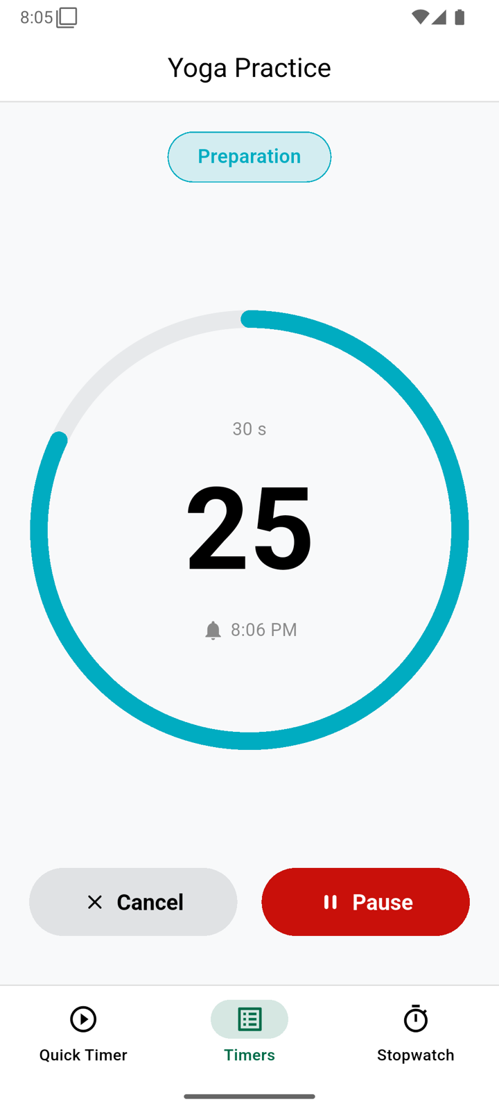 A Yoga Practice routine running its Preparation phase with a circular countdown ring
