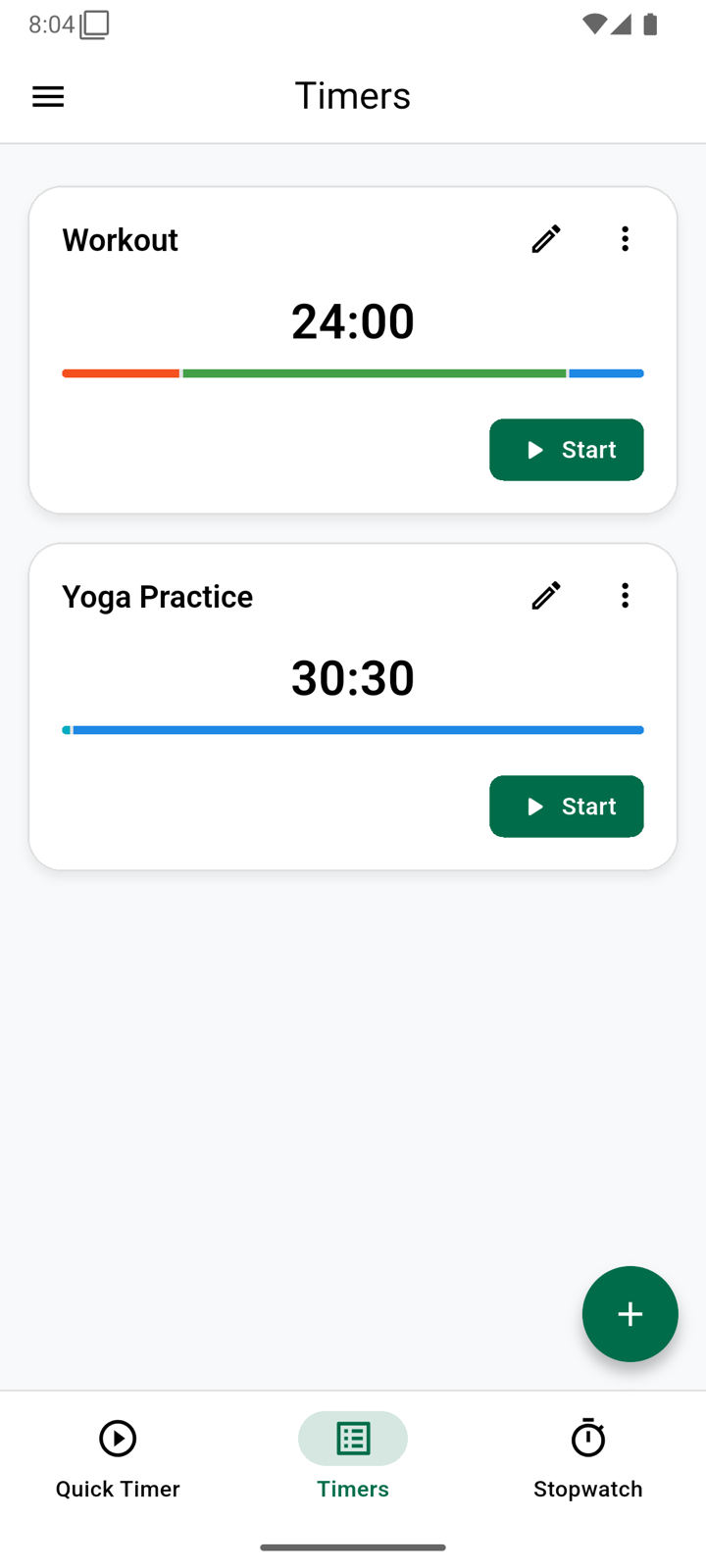 The Timers list showing saved Workout and Yoga Practice presets